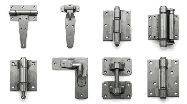 Industrial metal door hinges set, heavy duty steel hardware collection, 8 vintage iron gate and cabinet hinge vectors for construction