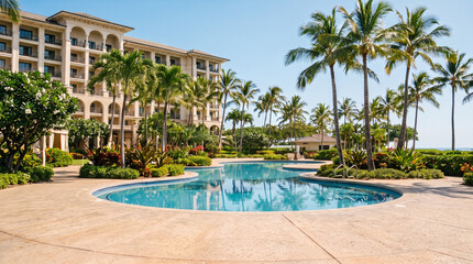 Fototapeta premium A scenic outdoor swimming pool at a luxury tropical resort surrounded by tall palm trees and a resort building under a clear blue sky.