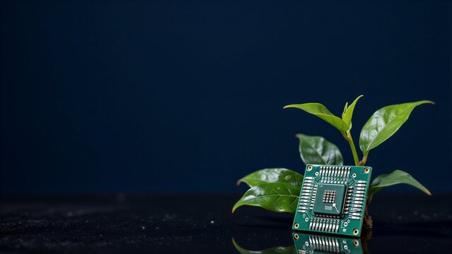 Green plant grows from a circuit board, symbolizing tech and nature harmony.