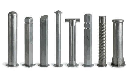 Obraz premium Industrial steel bollards set, metal security posts for traffic control, stainless steel parking barriers and urban street furniture vectors