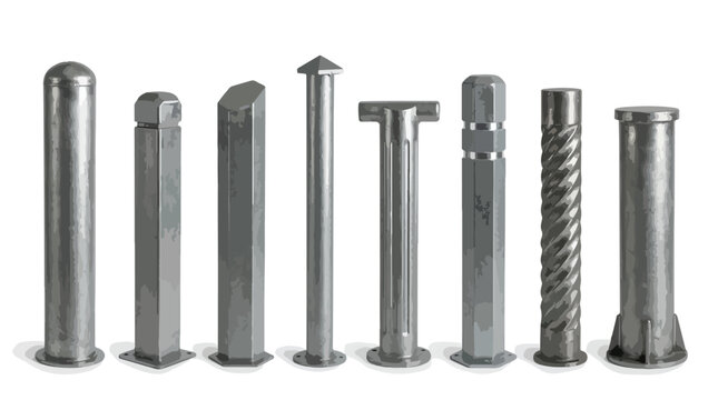 Industrial steel bollards set, metal security posts for traffic control, stainless steel parking barriers and urban street furniture vectors