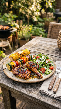 Delicious Grilled Chicken and Vegetable Skewers with Corn on the Cob and Salad