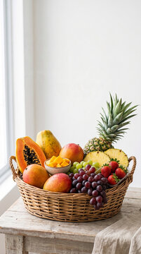 Assortment of Fresh Tropical Fruits in a Wicker Basket on a Wooden Table
