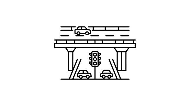 A simple line art illustration of a multi-level road system with traffic lights and cars.