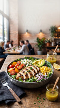 Healthy Grilled Chicken Salad with Avocado and Corn in a Restaurant Setting