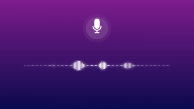 Motion graphic of a white microphone icon with a pulsing digital voice waveform on a purple gradient background