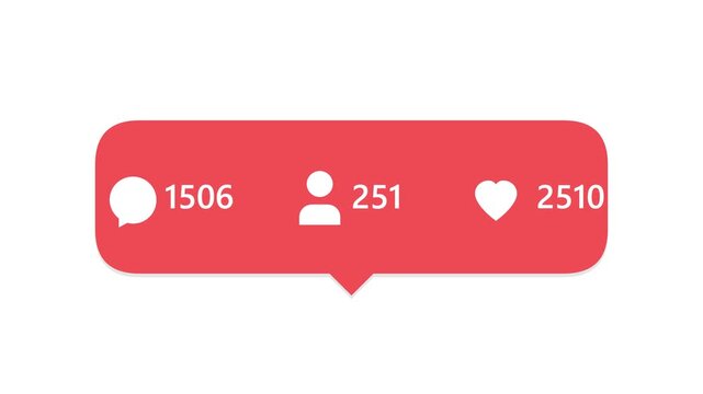 Social media notification bubble animation with increasing counters for followers likes and comments