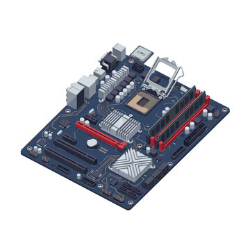 Detailed isometric 3D flat vector illustration of a computer motherboard with slots for RAM, CPU socket, and integrated electronic circuits.