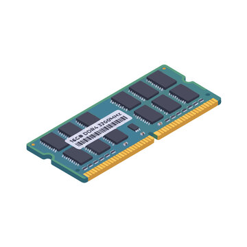 Isometric computer memory ram stick vector illustration, representing a 16GB DDR4 3200MHz module for high-speed desktop or laptop computer upgrades.