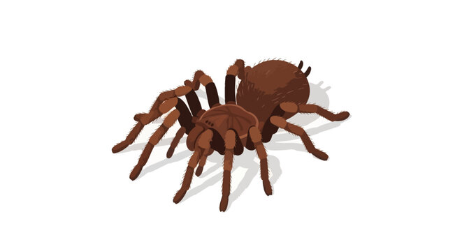 A detailed vector illustration of a large brown tarantula spider. The spider is hairy with distinct leg segments and eyes, casting a soft shadow on a clean white background.