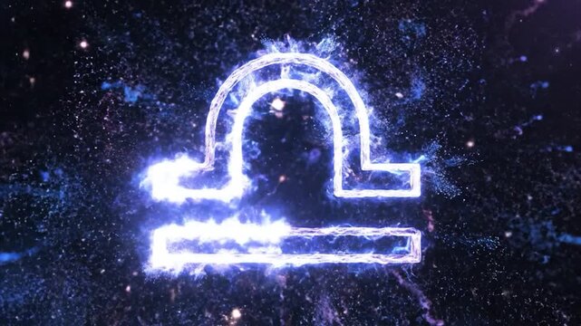 Abstract glowing libra zodiac symbol with cosmic energy and particles.