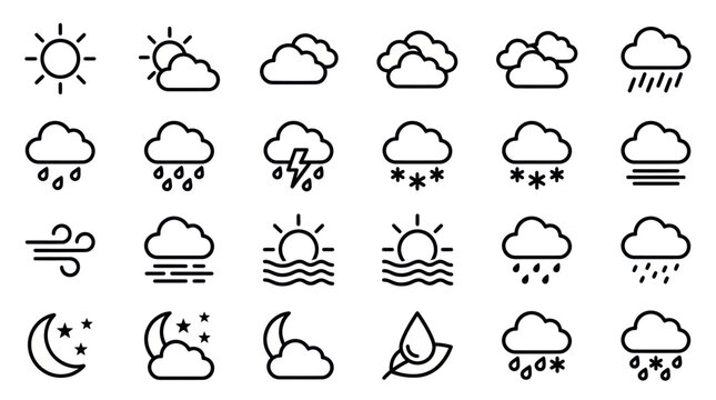 Set of black linear weather icons showing sun, clouds, rain, snow, wind, lightning, and moon on white background