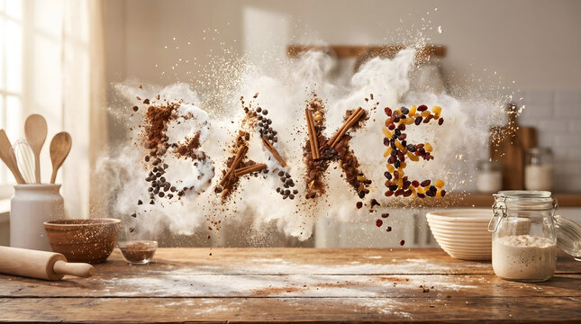 Dynamic explosion of baking ingredients forming the word BAKE above a rustic wooden table.