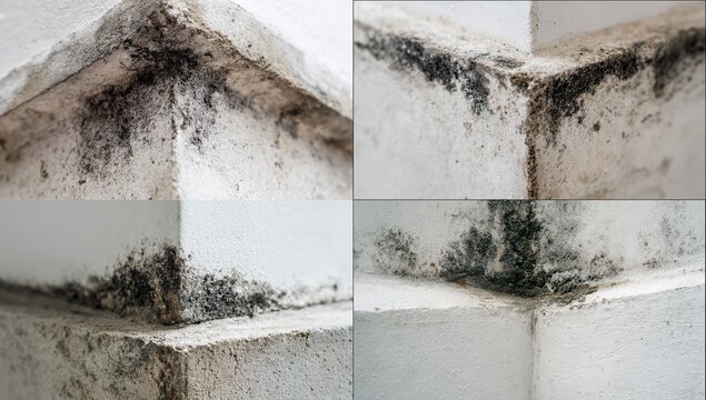 Close-animated movie of mold growth on the corner of a concrete wall, showing damage and decay