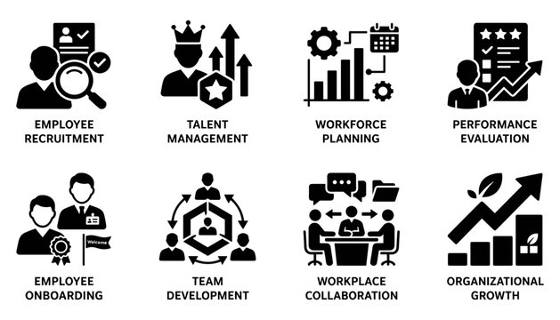 Business Management Icons Set Showing Employee Recruitment, Talent Management, Workforce Planning and Growth P