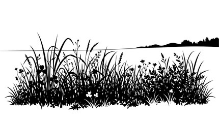 CAD tree lines,  grass Black silhouette of wild grass and meadow flowers, field vegetation landscape vector, botanical nature border for outdoor design vector © MstRahela
