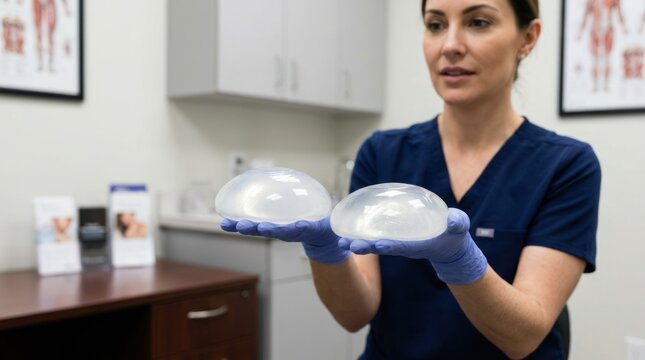 A woman in a medical scrubs shirt holds two saline breast implants in blue gloves. She is standing in a doctor's office, looking at the camera with a professional expression.