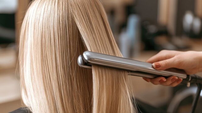 Stylist straightening blonde hair with flat iron
