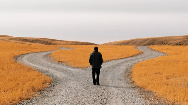 A person standing at a crossroads in a vast, empty landscape with rolling golden hills under an overcast sky