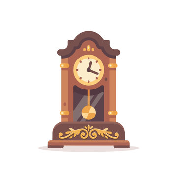 Elegant vintage grandfather clock with ornate gold details and wooden frame flat vector illustration for classic home decor.