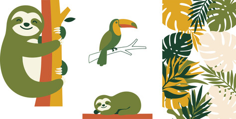 Fototapeta premium Tropical Jungle Vector Set with Cute Cartoon Sloth Toucan Bird and Seamless Monstera Palm Leaf Pattern Wallpaper
