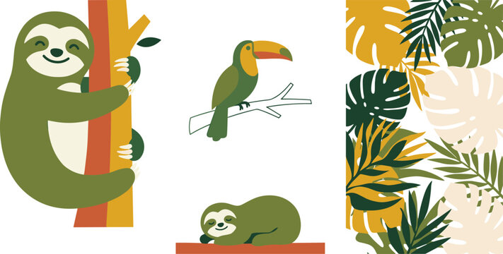 Tropical Jungle Vector Set with Cute Cartoon Sloth Toucan Bird and Seamless Monstera Palm Leaf Pattern Wallpaper