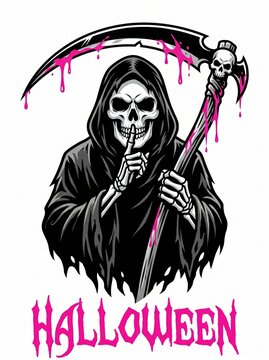 Grim Reaper character holding a scythe making a quiet shushing gesture for Halloween.