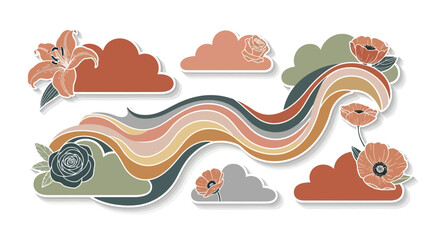 Obraz premium Retro aesthetic sticker set with wavy lines, clouds, and flowers in muted terracotta and olive tones
