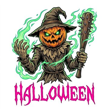 Scary pumpkin head scarecrow character holding a spiked club with green magical flames for Halloween.