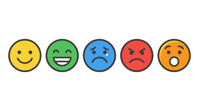 Emoticons display a diverse range of emotional expressions including happiness, sadness, anger, and surprise.