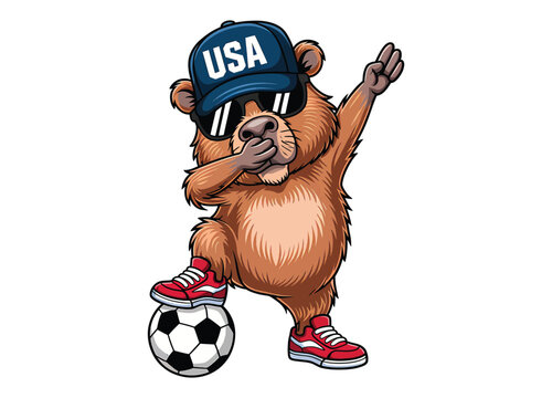 Bear with cap sunglasses and soccer ball vector illustration on transparent background silhouette.