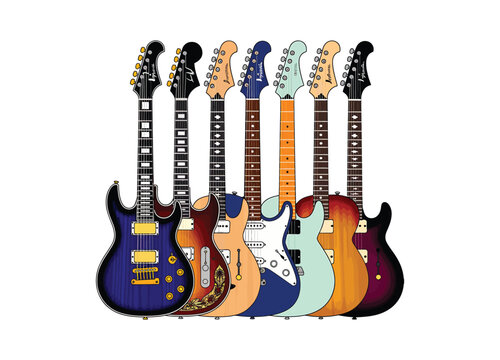 Collection Of Electric Guitars In Various Colors Silhouette On Transparent Background acoustic-electric.