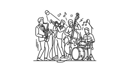Professional Black and White Line Drawing of a Jazz Band Playing Classic Instruments with Musical Notes © King