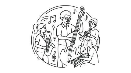 Obraz premium Professional Line Drawing of Diverse Musicians Playing Jazz Instruments in a Circular Formation with Musical Notes