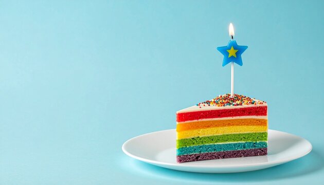 Rainbow cake slice with blue star candle on white plate