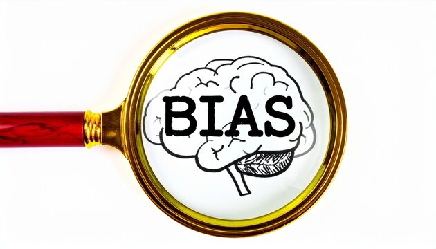 Magnifying glass highlighting brain with bold bias text