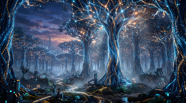 Bioluminescent alien forest with glowing cybernetic trees and futuristic landscape