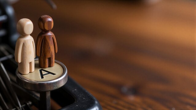 Two wooden figures stand on a typewriter key, symbolizing choice or decision.