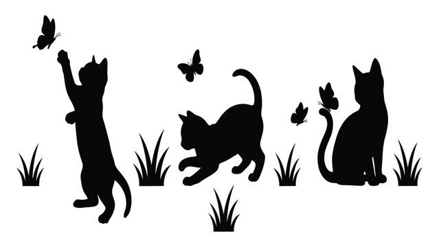 Cat silhouettes interact with flying butterflies in a playful and serene outdoor garden scene.