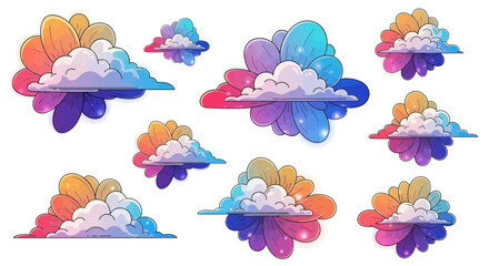 Obraz premium Colorful and whimsical fantasy clouds sticker set with vibrant abstract floral petal shapes and cute fluffy cumulus formations in a magical sky design