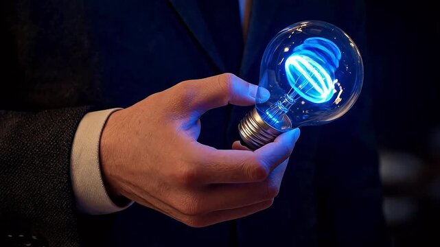 Businessman Holding Glowing Blue Light Bulb Symbolizing Innovation and Idea
