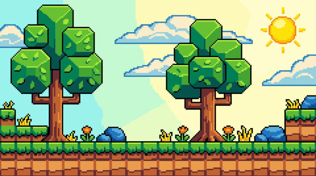 Retro 2D Pixel Art Game Environment with Natural Elements Featuring Lush Trees and Bright Sun for Digital Design Projects