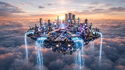 Fototapeta premium Futuristic floating city in the clouds with glowing data waterfalls and advanced technological structures at sunset
