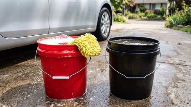 Two bucket car wash method with soapy water and rinse bucket with grit guards on driveway, auto detailing setup