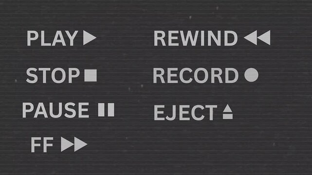 Vintage video player controls and retro recorder interface, showing classic playback and recording functions on a grainy screen, evoking nostalgia for analog media devices with a nostalgic feel