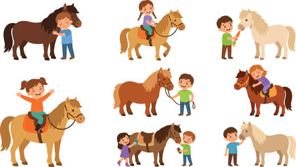 A collection of happy children riding grooming feeding carrot and hugging cute little ponies cartoon characters vector illustration set