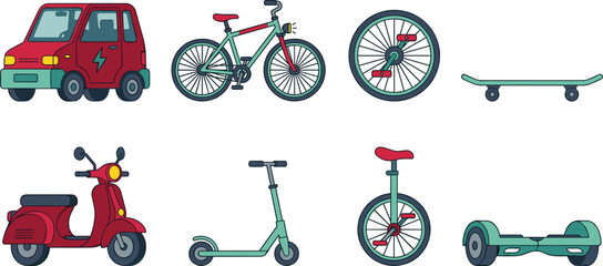 A collection of eco friendly urban micro mobility vehicle icons including electric car bicycle scooter skateboard hoverboard unicycle vector © Moner