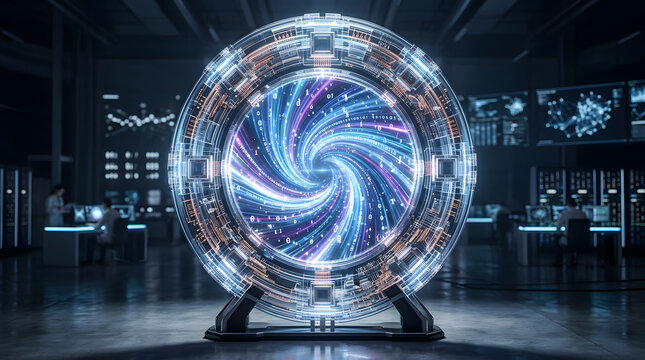 Futuristic portal or stargate in a hightech laboratory with data streams and binary code