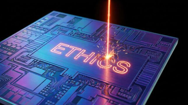 Ai ethics regulation concept with laser cutting on microchip surface showing sparks and futuristic technology innovation