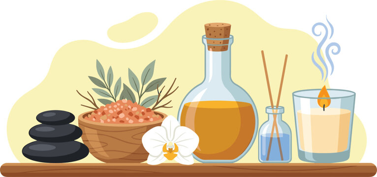 A collection of spa wellness products including massage oil volcanic stones aromatic candle sea salt and diffuser vector illustration